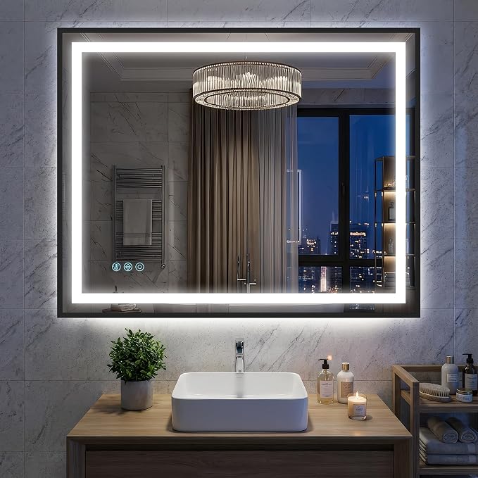 Antok 40X32 LED Bathroom Mirror with Lights, Vanity Mirror for Wall with Black Frame, Touch Control, Anti-Fog, Dimmable Lights, Shatter-Proof, Memory Function, Wall-Mounted Vanity Mirrors