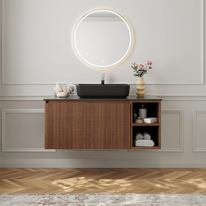 36" Modern Floating Bathroom Vanity with Single Sink - Wall Mounted Storage Bathroom Cabinet with Black Sintered Stone Countertop| Large Storage Space & Open Shelves, Dark Wood