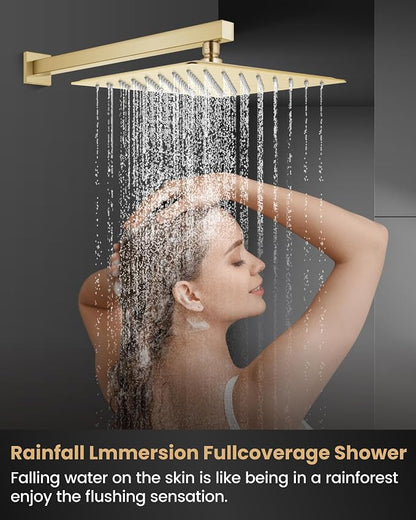 Airuida 10 Inch Brushed Gold Shower Faucet Set,Shower Valve Kit | Rainfall Shower Head and Handle Set,Female Thread Rough-in Valve Shower Kit,Single Function Shower System