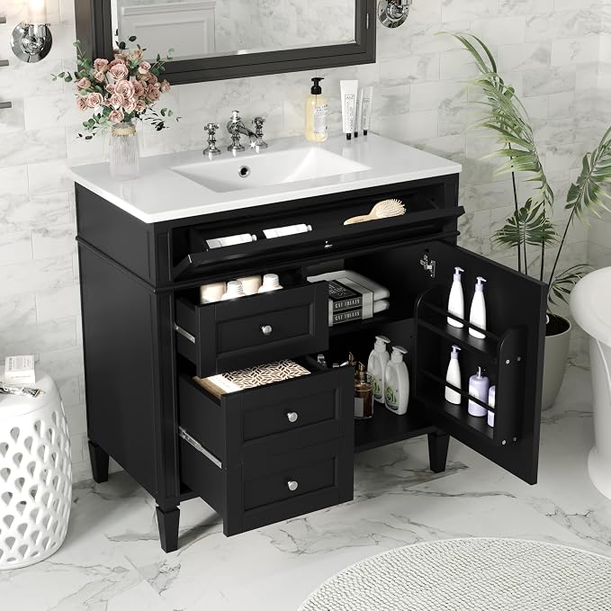 Merax 36 Inch Bathroom Vanity with Top Sink, Modern Bathroom Storage Cabinet with 2 Drawers and a Tip-Out Drawer, Solid Wood Frame Single Sink Bath Vanities, Black