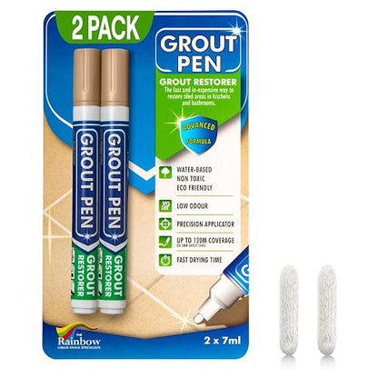 Grout Pen Beige Tile Grout Paint Marker - 2 Pack w/Extra Tips (7mL) | Waterproof Grout Refresh Restorer for Kitchen & Bathroom, Tile Grout Colorant Pens - Narrow Tip 5mm - Beige