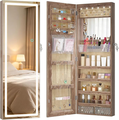 LVSOMT 42.5" Wall Mounted Jewelry Organzier with LED Mirror, Wood | Lockable Jewelry Cabinet for 30 Ring Slots, 96 Earring and 20 Necklace Hooks, Gift for Women, Girls