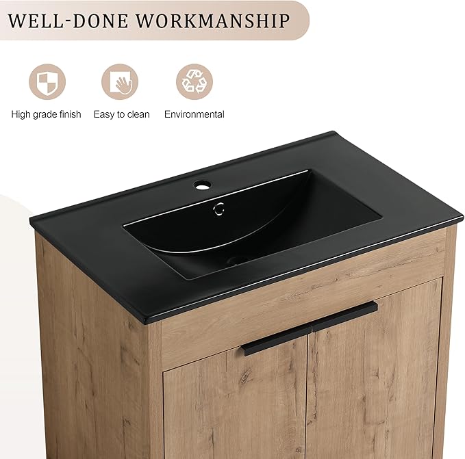 SSLine 30-Inch Bathroom Vanity with Sink Mid-Century Bathroom Vanities with Black Top Basin Floor Wood Bathroom Sink Cabinet with Soft-Close Doors & Adjustable Storage Shelves (Natural Brown)