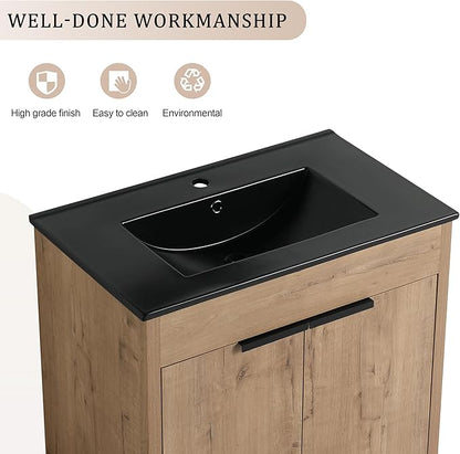 SSLine 30-Inch Bathroom Vanity with Sink Mid-Century Bathroom Vanities with Black Top Basin Floor Wood Bathroom Sink Cabinet with Soft-Close Doors & Adjustable Storage Shelves (Natural Brown)