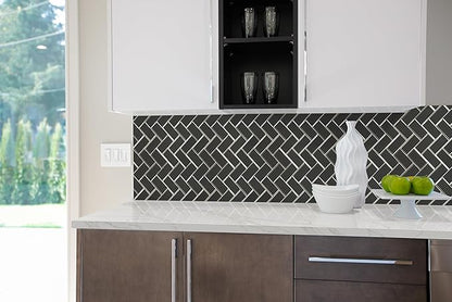 MSI Metallic Gray Bevel Herringbone Glass Tile for Kitchen Backsplash, Wall Tile for Bathroom, Accent Wall Tile, and Shower Wall Tile 13.86 in. x 11.08 in. Mesh-Mounted Mosaic Tile (10.6 sq. ft./case)