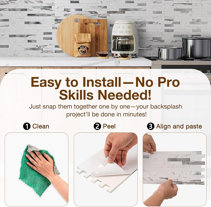 Peel and Stick Backsplash Tile Waterproof Removable PVC Wall Sticker 3D Faux Stone Marble Brick White Accent Panels (Rough White Marble - Metal Silver, 40 Tiles - 18 sq. ft. (1.68 m²))
