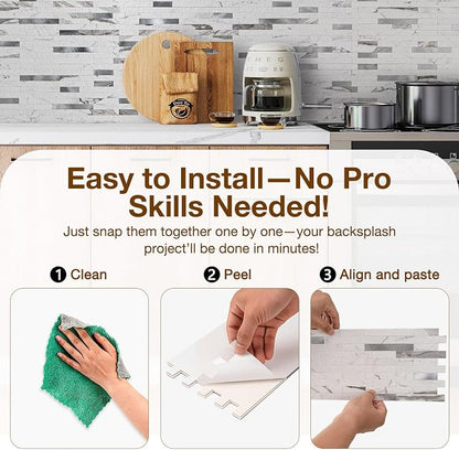 Peel and Stick Backsplash Tile Waterproof Removable PVC Wall Sticker 3D Faux Stone Marble Brick White Accent Panels (Rough White Marble - Metal Silver, 40 Tiles - 18 sq. ft. (1.68 m²))