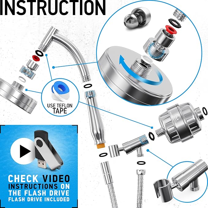 Handheld Shower Head With Filter - 15+2 Stage Filtration for Imporved Water - Vitamin C and E Infused With SPA Effect - High Pressure Head With Hose