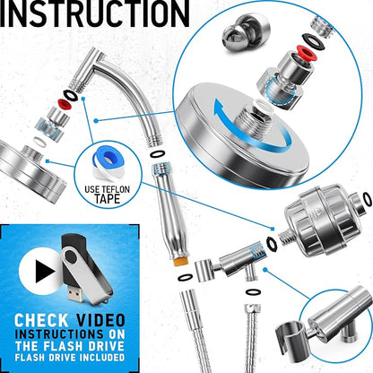 Handheld Shower Head With Filter - 15+2 Stage Filtration for Imporved Water - Vitamin C and E Infused With SPA Effect - High Pressure Head With Hose