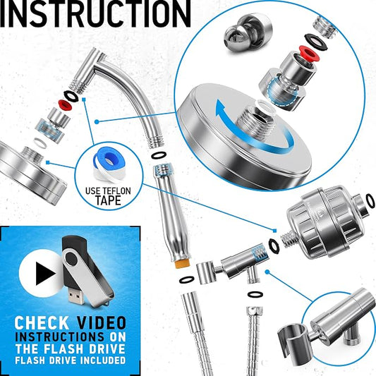 Handheld Shower Head With Filter - 15+2 Stage Filtration for Imporved Water - Vitamin C and E Infused With SPA Effect - High Pressure Head With Hose
