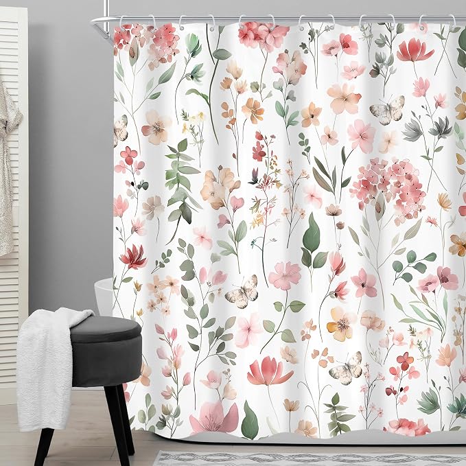 Pink Blush Coral Flower Floral Wildflower Leaf Bathroom Shower Curtain Set | 60"W x 72"H Leaves Butterfly; waterproof HD print, quick-dry fabric and plastic hooks for easy setup.