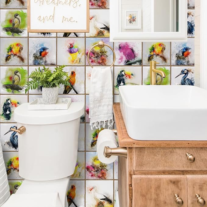 Alwayspon Vinyl Sticker Peel and Stick, Self-Adhesive Wall Tile Transfers Backsplash Sticker Decal for Kitchen Bathroom, 6x6inch/15x15cm 30Pcs, Birds T033