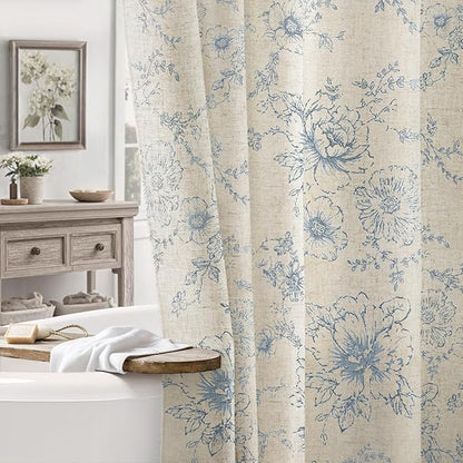 Farmhouse Floral Linen Shower Curtain, Vintage Blue Pattern Rustic Shower Curtains for Bathroom, Taupe,72x72