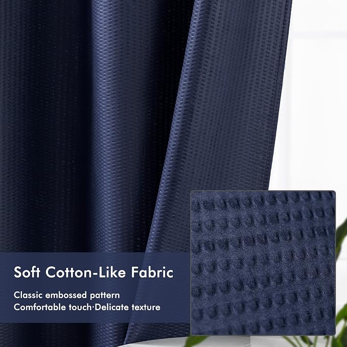 No Hook Navy Shower Curtain with Snap-in Fabric Liner 71x74 | Embossed Waffle-Look Textured, Sheer Window, Soft & Lightweight, Water Repellent Blue Fabric Shower Curtain for Bathroom