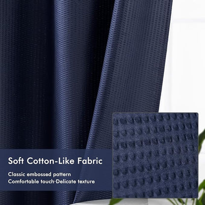 No Hook Navy Shower Curtain with Snap-in Fabric Liner 71x74 | Embossed Waffle-Look Textured, Sheer Window, Soft & Lightweight, Water Repellent Blue Fabric Shower Curtain for Bathroom
