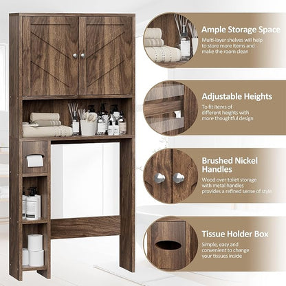 Over Toilet Storage Cabinet with Toilet Paper Holder Stand, Freestanding Bathroom Storage Cabinet, Rustic Farmhouse Bathroom Organizer with Adjustable Shelf & Anti-Tipping, Walnut
