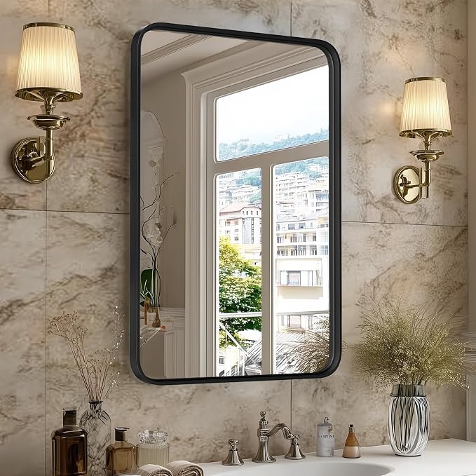 Sweetcrispy Bathroom Mirror 30x22 Inch, Vanity Mirror for Wall | Metal Framed Rounded Rectangle, Over Sink, Farmhouse Restroom, Anti-Rust, Horizontal or Vertical Hanging, Black