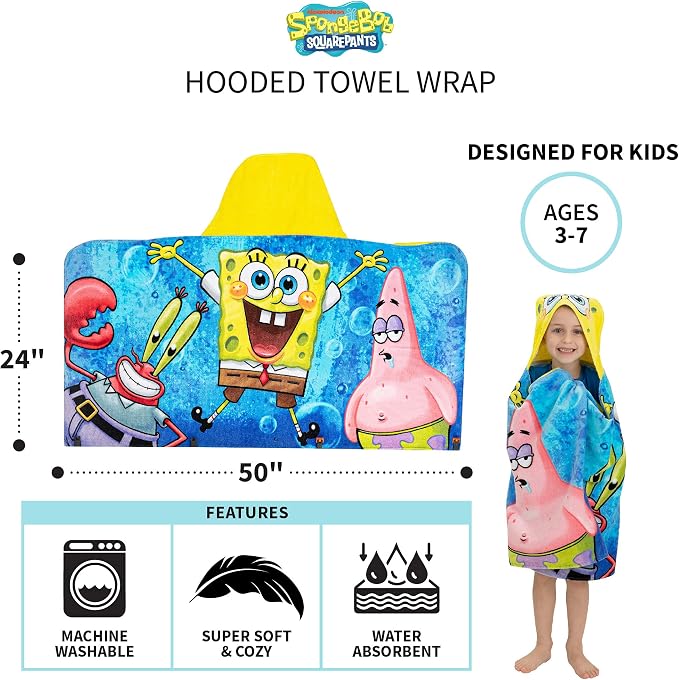 Franco Kids Bath and Beach Soft Cotton Terry Hooded Towel Wrap, 24 in x 50 in, SpongeBob SquarePants