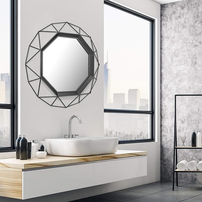 Stonebriar Decorative Black 28.3" Geometric Metal Wire Frame Hanging Wall Mirror with Mounting Brackets, Modern Decor for the Living Room, Bedroom, Bathroom, Hallway, and Entryway