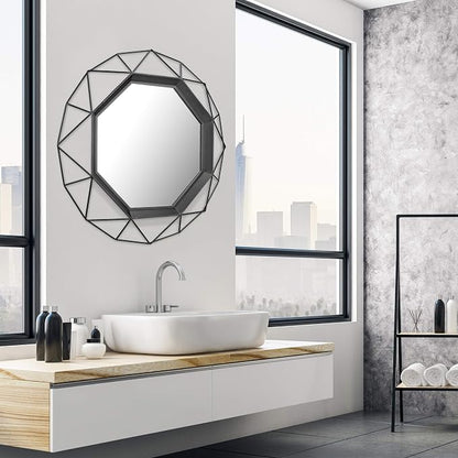 Stonebriar Decorative Black 28.3" Geometric Metal Wire Frame Hanging Wall Mirror with Mounting Brackets, Modern Decor for the Living Room, Bedroom, Bathroom, Hallway, and Entryway