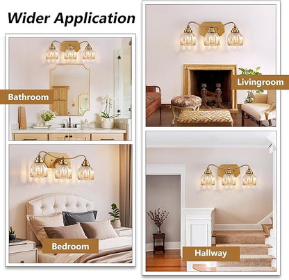 Vintage Bathroom Light Fixtures, 3 Light Gold Bathroom Vanity Light, Matte Antique Brass Finish with Amber Crystal Glass Shade, Wall Sconces Lighting for Bedroom, Living Room（Amber-colored Glass）