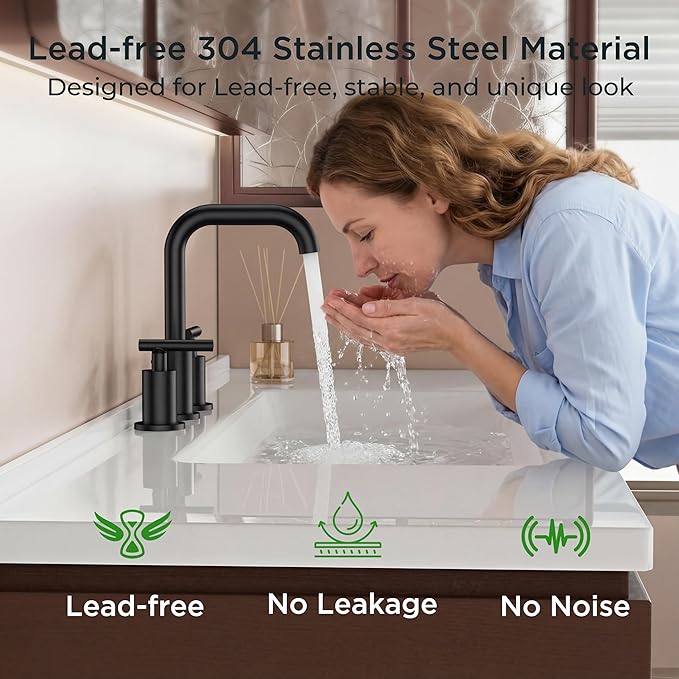 FORIOUS Matte Black Bathroom Faucet 3 Hole Widespread, 8 Inch Bathroom Sink Faucets Two-Handle with Pop Up Drain and Water Supplies for Vanity Restroom RV Lavatory Sink