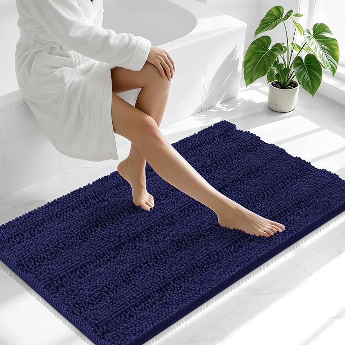 Smiry Chenille Bathroom Runner Rugs 44x24, Soft Bath Mat, Twilight Sapphire | Quick‑Dry & Machine Washable, Non‑Slip Bath Carpet, Thick Striped Bath Rugs for Tub & Shower, Modern Home Decor Accessories