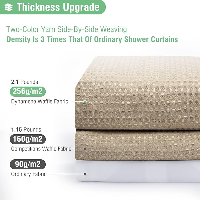 Waffle Shower Curtain 256 GSM Heavy Duty Fabric 72x72 Beige/Khaki | Thick Textured Cloth, Weighted Hem, Water Repellent Washable, Hotel Luxury Polyester Shower Curtain Set for Bathroom 12 Hooks