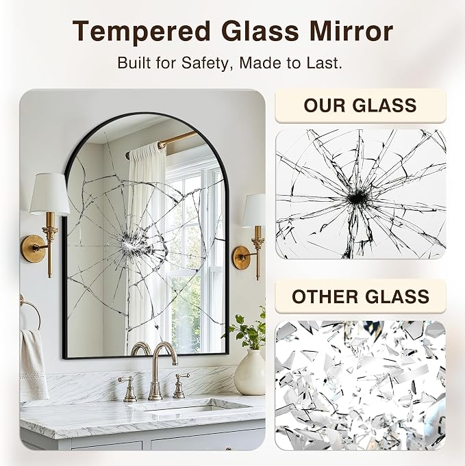 Arched Bathroom Vanity Mirror for Over Sink, 36”x24”, Black | HD Tempered Glass, Anti-Rust Metal Frame, Hanging or Leaning, Wall Mirrors for Bathroom Sink, Bedroom, Living Room, Entryway