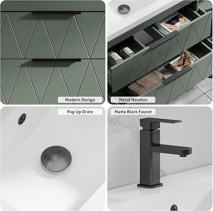 eclife 60" Bathroom Vanities Cabinet with Sink Combo, Wall Mounted Floating Cabinet W/Decor Line, Soft-Close System, 4 Extra Big Drawers, Matte Black Faucet, Gray Green