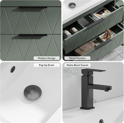 eclife 60" Bathroom Vanities Cabinet with Sink Combo, Wall Mounted Floating Cabinet W/Decor Line, Soft-Close System, 4 Extra Big Drawers, Matte Black Faucet, Gray Green