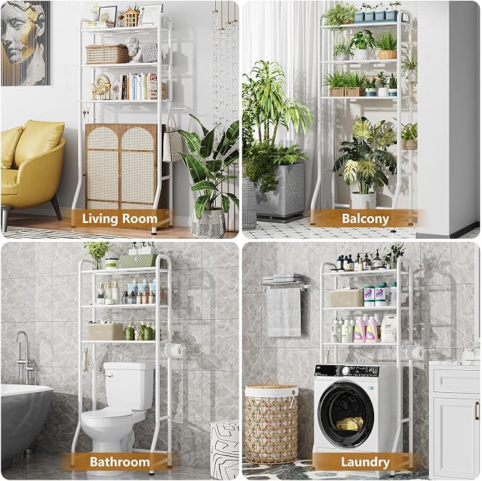 Simple Trending Over The Toilet Storage Rack, Metal 3 Tier Bathroom Organizer Shelf with Paper Holder and 3 Hooks, Freestanding Shelf Space Saver Above Toilet, White