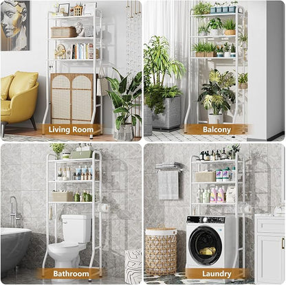 Simple Trending Over The Toilet Storage Rack, Metal 3 Tier Bathroom Organizer Shelf with Paper Holder and 3 Hooks, Freestanding Shelf Space Saver Above Toilet, White