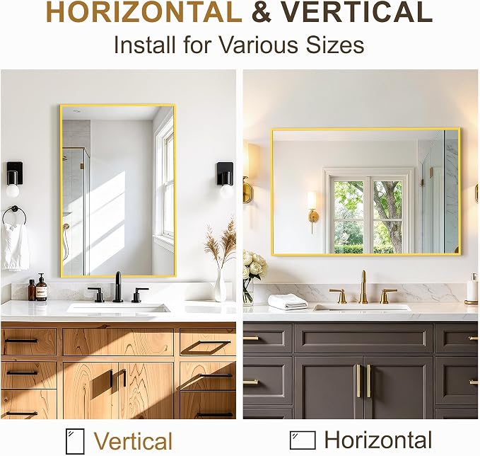 Rectangular Bathroom Mirror, 30"x20" Gold Metal Framed Vanity Mirror | HD Shatterproof Wall Mirror, Horizontal or Vertical Hanging, Easy Installation for Bathroom, Bedroom, Living Room, Entryway