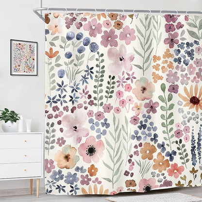 Extra Long Cute Floral Flower Watercolor Rustic Bathroom Shower Curtain Set | 72"W x 78"H Botanical Girls; waterproof HD print, quick-dry fabric with 12 hooks for easy hanging.