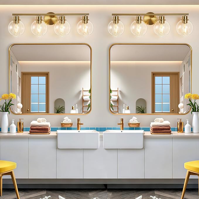 Bathroom Vanity Light, 29.5 Inch Modern Wall Sconce with Clear Glass Shade, 4-Light Gold Over Mirror Vanity Lighting for Bathroom