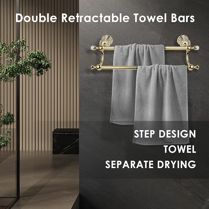 Double Crystal Towel Holder Adjustable Gold Towel Bar 14 to 25 Inch, Towel Rack Rail for Bathroom Wall Mounted