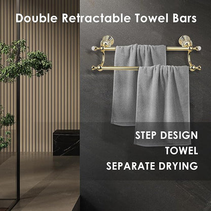 Double Crystal Towel Holder Adjustable Gold Towel Bar 14 to 25 Inch, Towel Rack Rail for Bathroom Wall Mounted