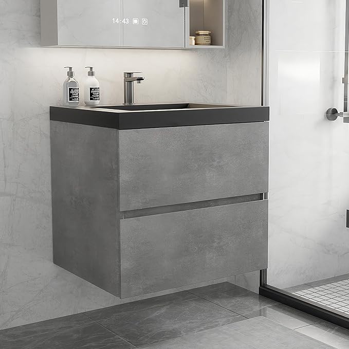 24 Inch Floating Bathroom Vanity with Sink, Modern Grey Wall Mounted Floating Vanity with Scratch-Resistant Quartz Sand Basin and Soft Closing Drawers, Pre Assembled Bathroom Vanity