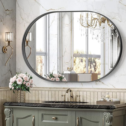 Brightify Black Oval Mirror for Wall 30x42 Inch, Metal Framed Bathroom Vanity Mirrors, Modern Pill Mirror for Bedroom Living Room Wall Decorative Hang Vertical and Horizontal