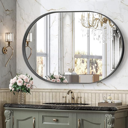 Brightify Black Oval Mirror for Wall 30x42 Inch, Metal Framed Bathroom Vanity Mirrors, Modern Pill Mirror for Bedroom Living Room Wall Decorative Hang Vertical and Horizontal