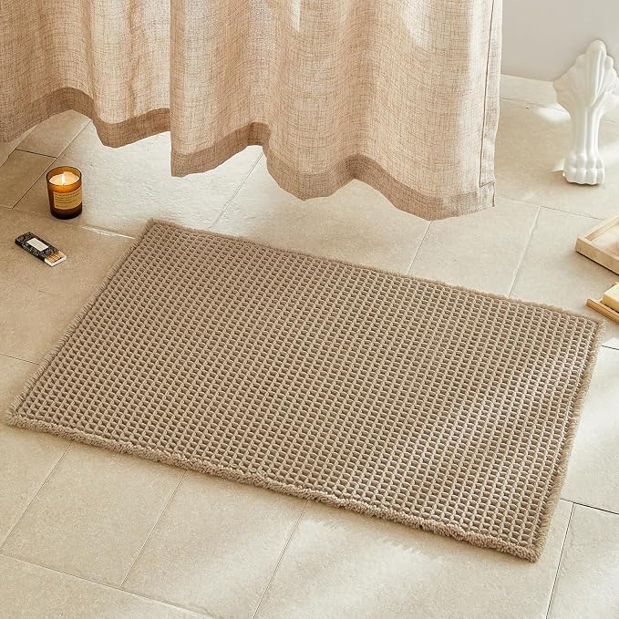 TYUU Waffle Bath Mat, Boho Bathroom Rugs Non Slip Washable, 36x24 Khaki | Super Absorbent Quick Dry Bath Rug, Non-Slip Backing, Soft Waffle Boho Farmhouse Bathroom Mats, Tub, Shower & Home Decor