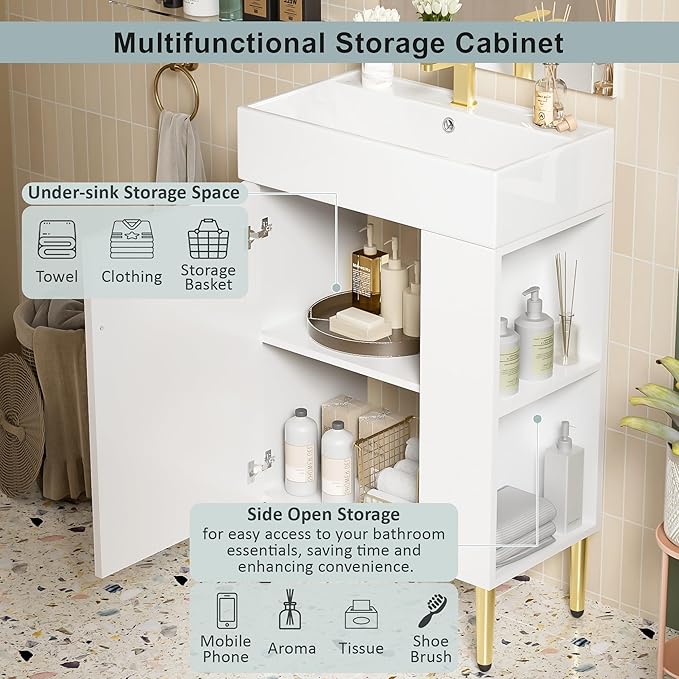 21.6 in Small Bathroom Vanity with Sink,Doors and Storage Shelves,Wood Modern Single Fluted Bathroom Sink Cabinet Freestanding (White,Right Shelf)