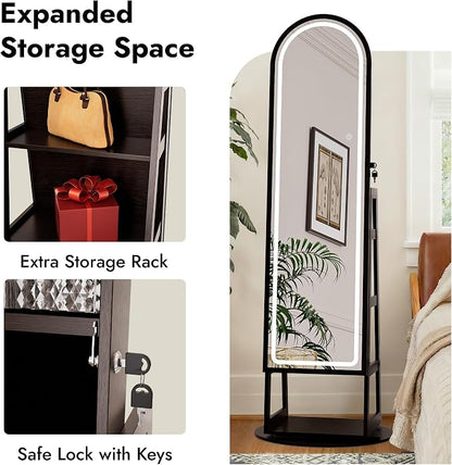Zamilidon Full Length Mirror LED Lockable Black Standing Jewelry Armoire | Secure lock design, multi-layer jewelry compartment, soft dimmable lighting, space-saving floor layout