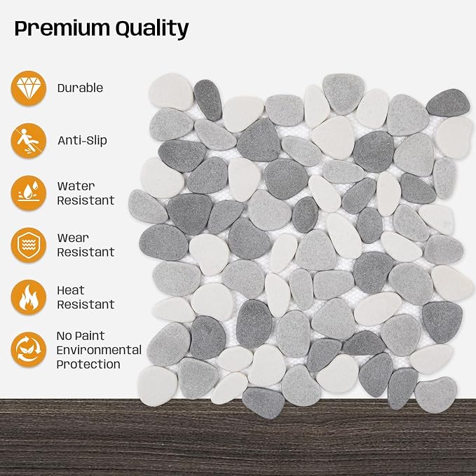Grey Pebble Bathroom Shower Tile 12x12 in Pebble Mosaic Floor 5 SqFt | Slip-resistant Pebble Floor Tile for Bathroom, Shower, Kitchen Walls & Outdoor Areas, Mesh-Backed Easy to Install