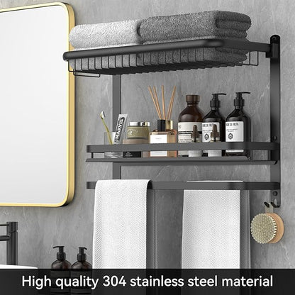 Foldable 23.22 Inch Rowel Rack Wall Mounted with Bathroom Shower Shelves Stainless Steel Towel Bar Without Drilling and Screw Installation (Black)