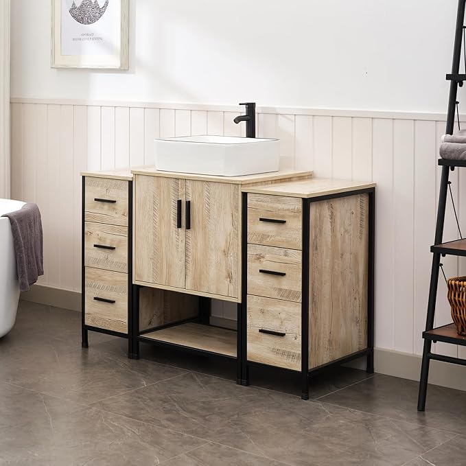 UEV 48" Rustic Oak Bathroom Vanity with Sink Combo,Industrial Iron Frame Bathroom Cabinet Sets with Double 3 Drawers Side Cabinet,Modern Artistic Ceramic Vessel Sink(031WH)