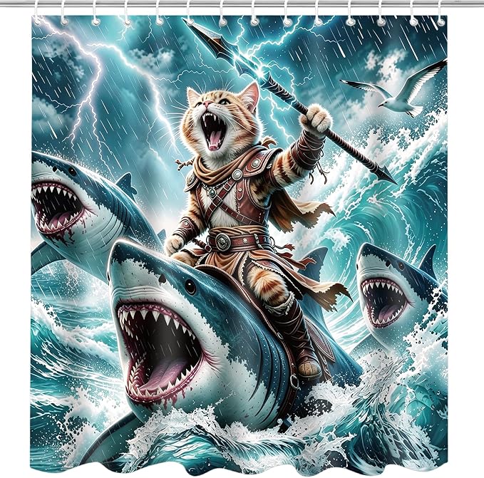 Funny Cat Shower Curtain, Fun Cartoon Shark Riding Bath Curtain | 72x72 Inches, Waterproof Polyester Fabric, Ocean Themed Bathroom Decor for Teens, Includes 12 Hooks, Grey Blue Design