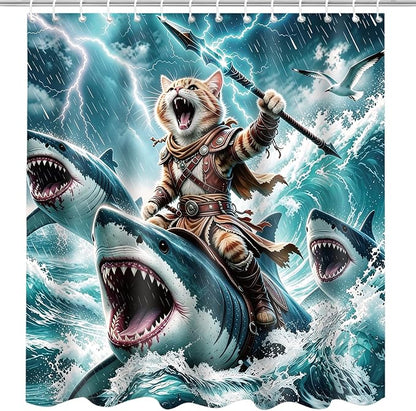 Funny Cat Shower Curtain, Fun Cartoon Shark Riding Bath Curtain | 72x72 Inches, Waterproof Polyester Fabric, Ocean Themed Bathroom Decor for Teens, Includes 12 Hooks, Grey Blue Design