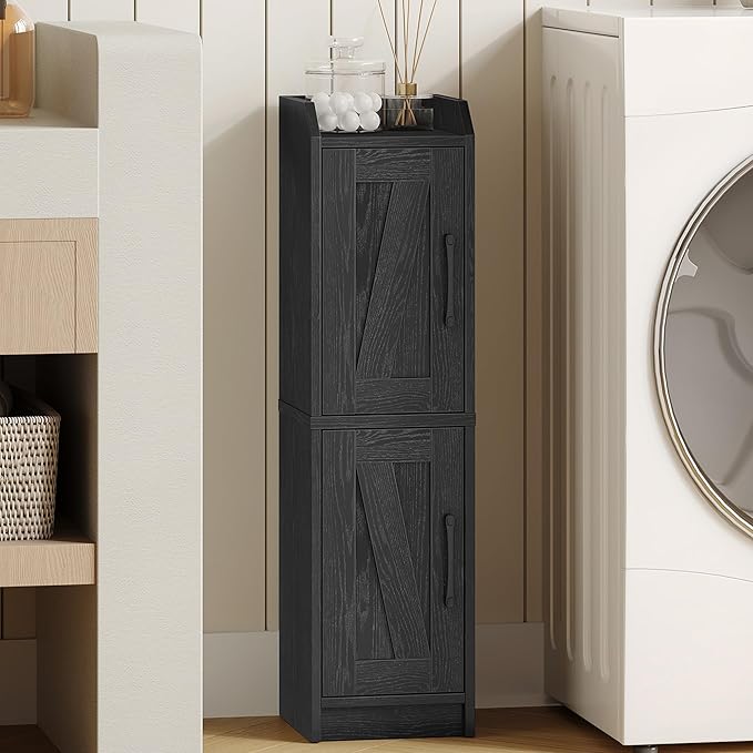 Bathroom Storage Cabinet, Small Corner Floor Cabinet with Door and Shelves, Narrow Bathroom Organizer and Paper Storage with Adjustable Shelves, for Small Spaces, Black BC27004X